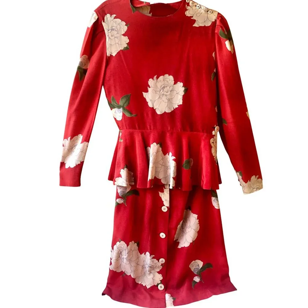 Vintage 70’s 100% Silk Long Sleeve Top + Skirt SET Hong Kong